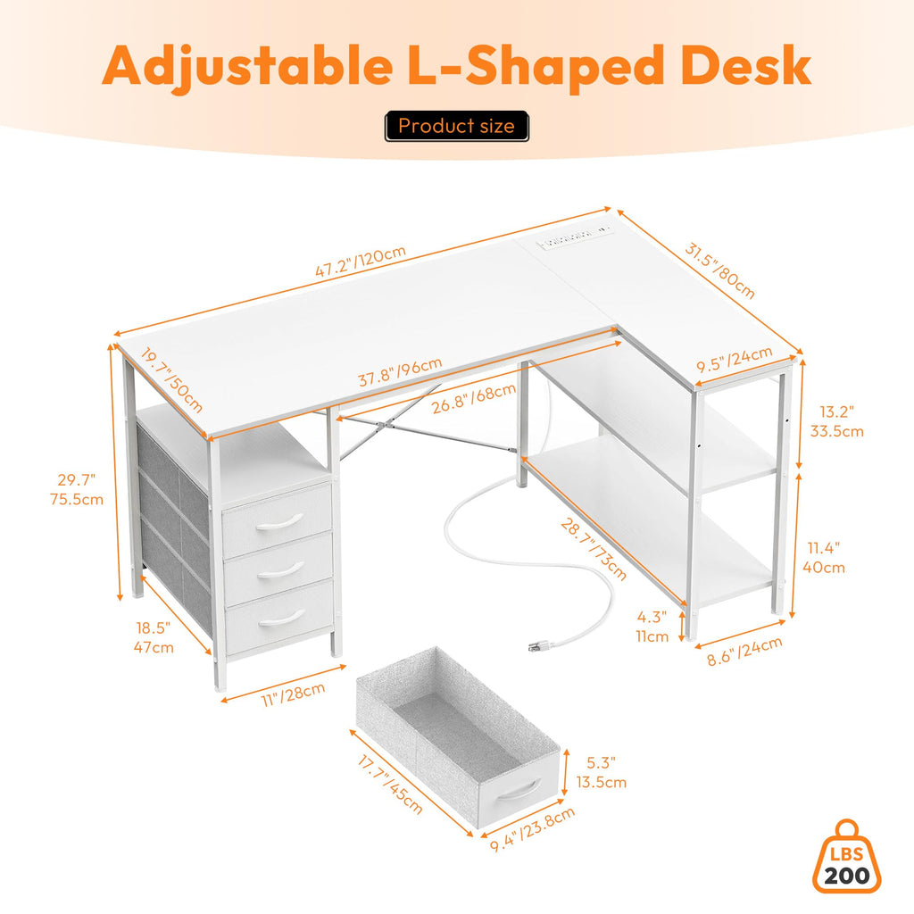 White 47 Inch L Shaped Gaming Desk with 3 Drawers and Shelves T889814