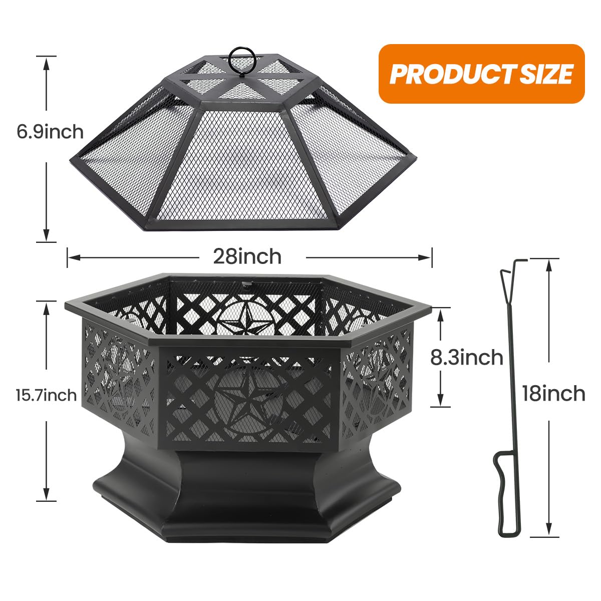 28 Inch Hexagonal Fire Pit with Spark Screen & Fire Poker Black P64474