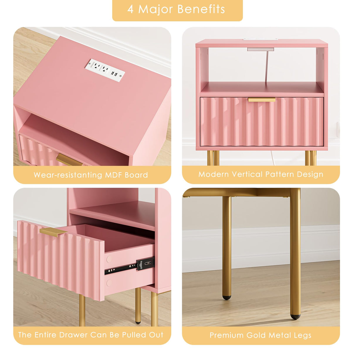 Pink Fluted Nightstand with Charging Station V59930