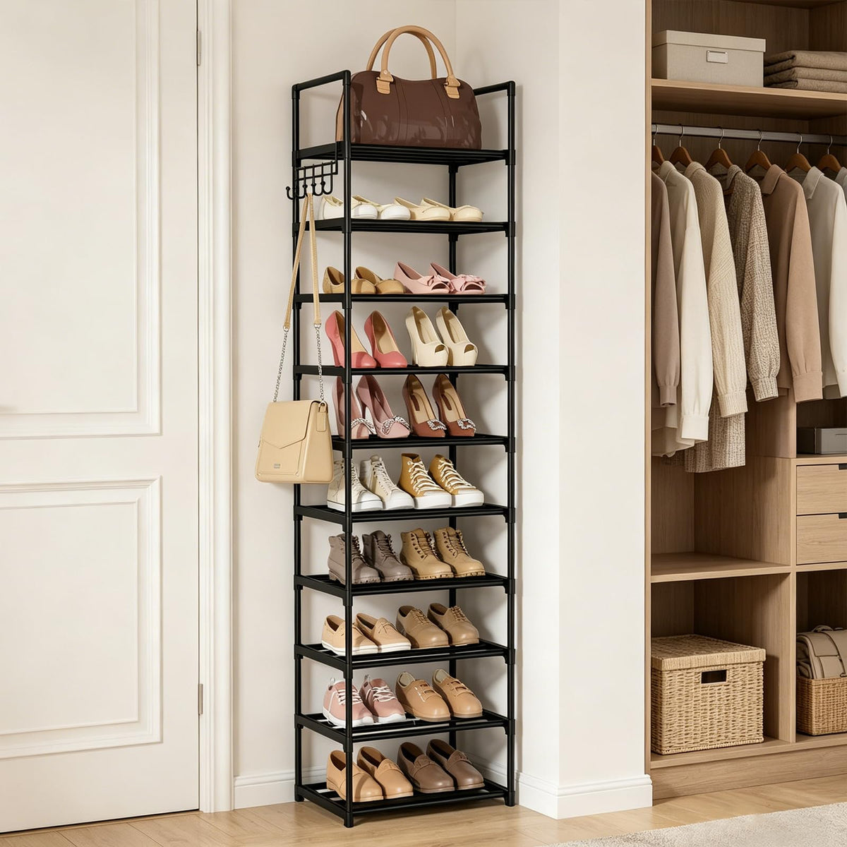 Black 10 Tiers Narrow Shoe Rack A2460