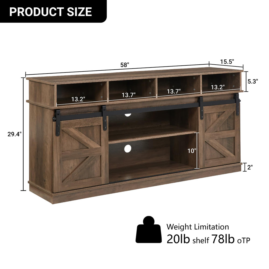 Natural Brown Wood TV Stand with Sliding Barn Door I15238