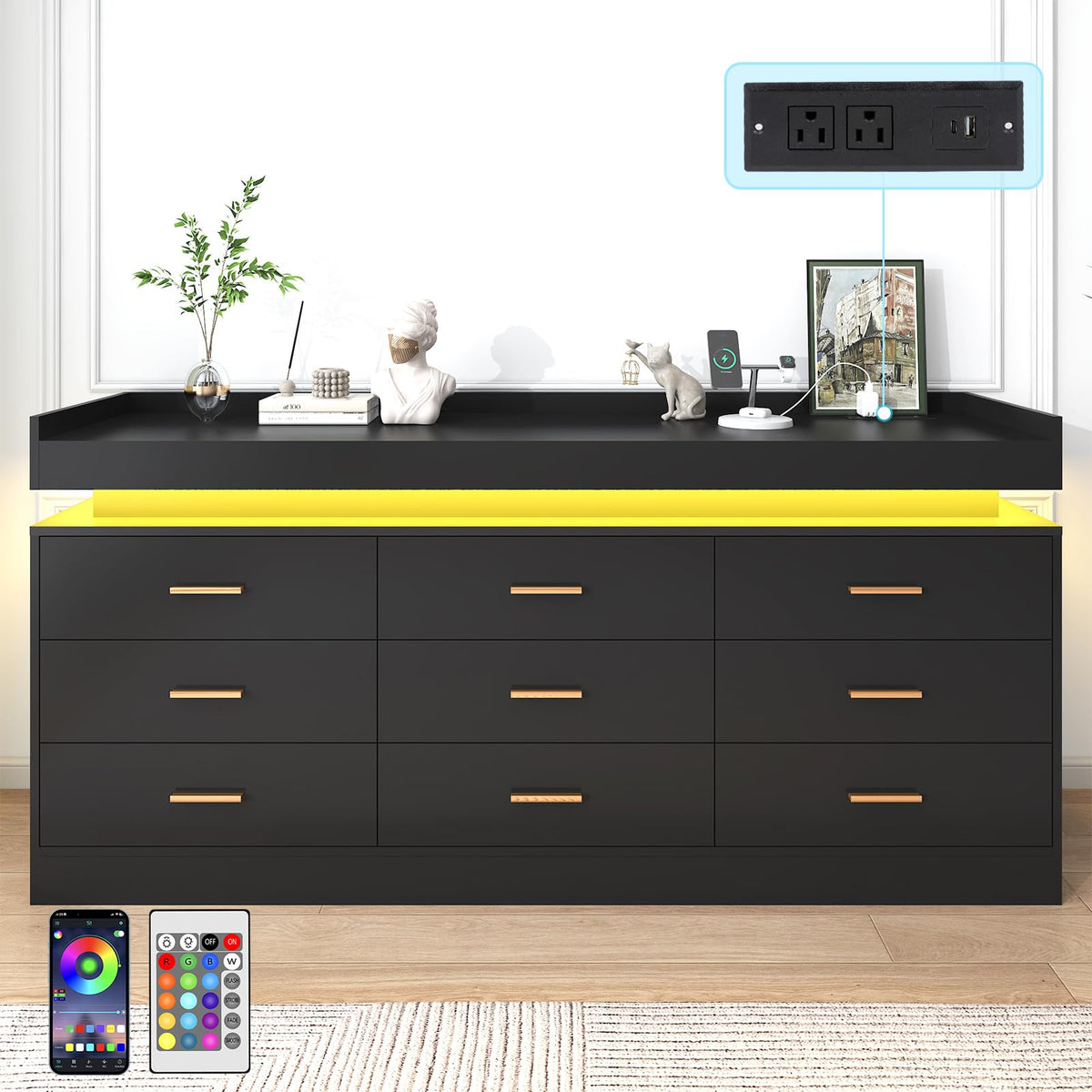 Black 9 Drawer Dresser with Charging Station and LED Lights M570
