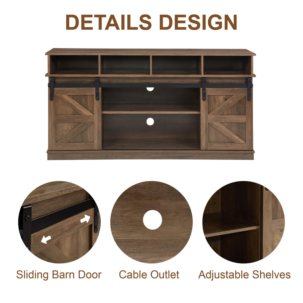 Natural Brown Wood TV Stand with Sliding Barn Door I15238