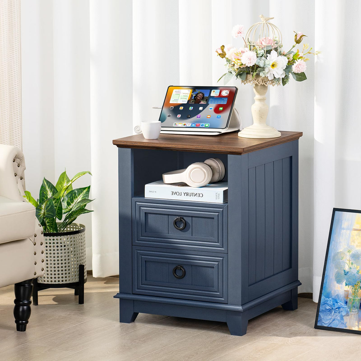 18" Blue Wooden Nightstand Set of 2 with Charging Station W58842
