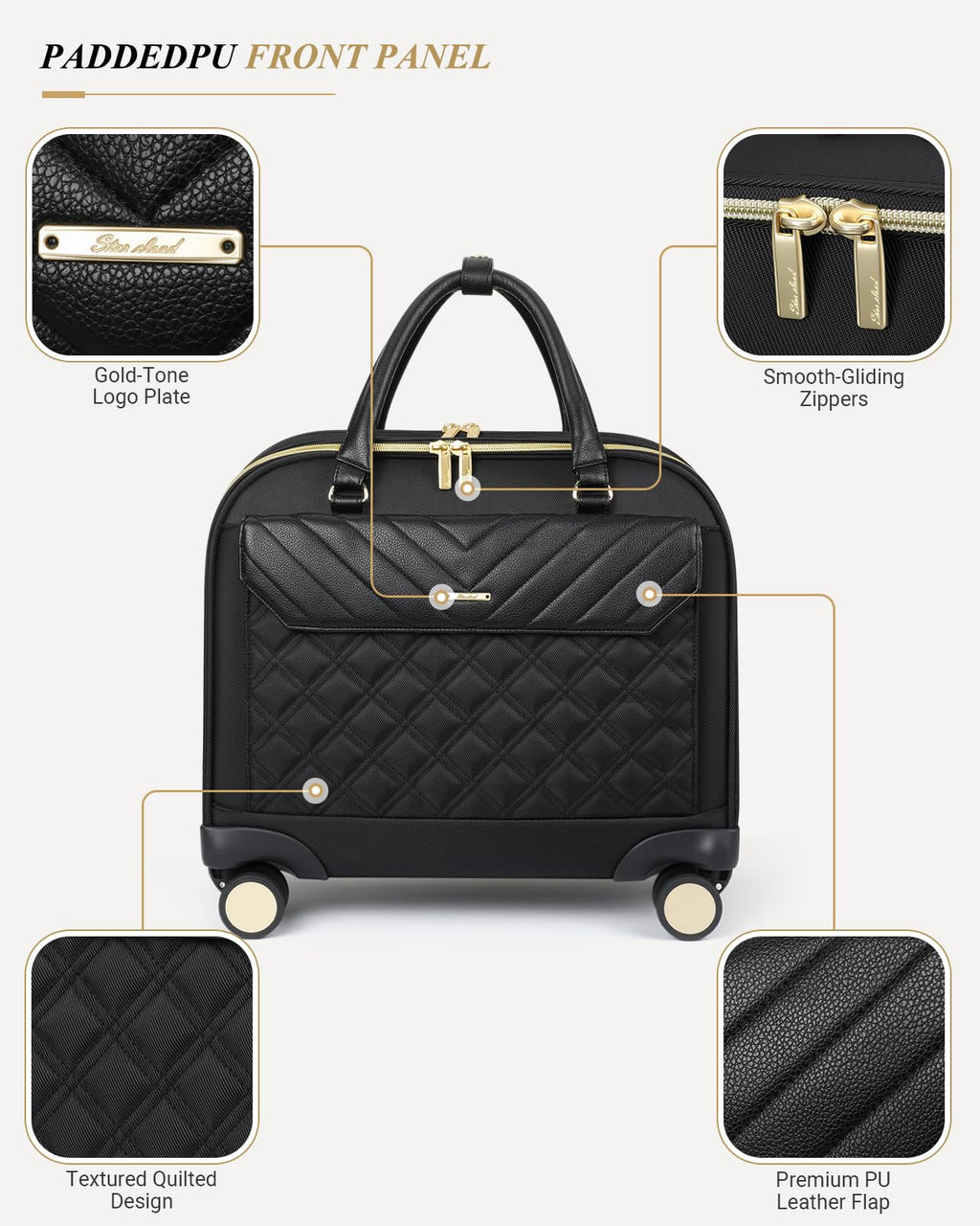 Rolling Laptop Bag for Women, 45L Wheeled Briefcase with USB Type-C Ports, Black Gold E598461