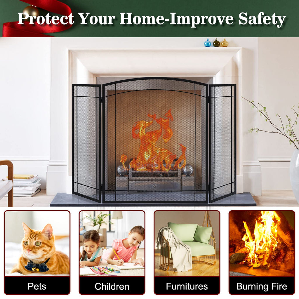 3 Panel 48" W x 29" H Foldable Wrought Metal Decorative Mesh Fireplace Screen F15822