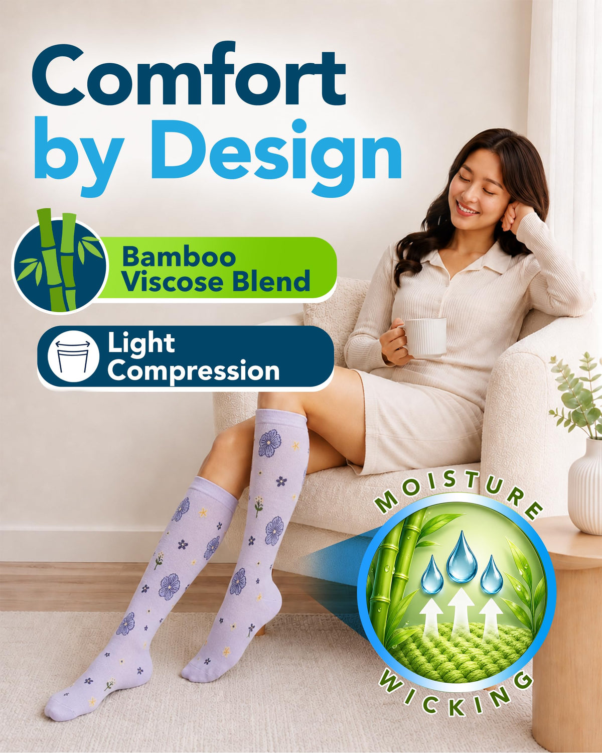 Bamboo Viscose 8-15 mmHg Knee High Compression Socks 3 Pairs X5387