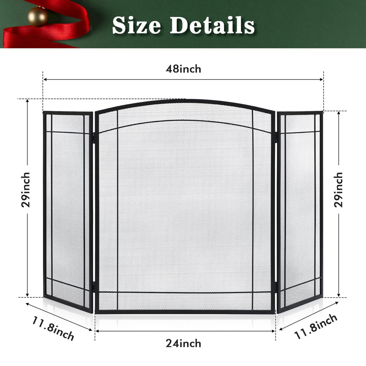 3 Panel 48" W x 29" H Foldable Wrought Metal Decorative Mesh Fireplace Screen F15822