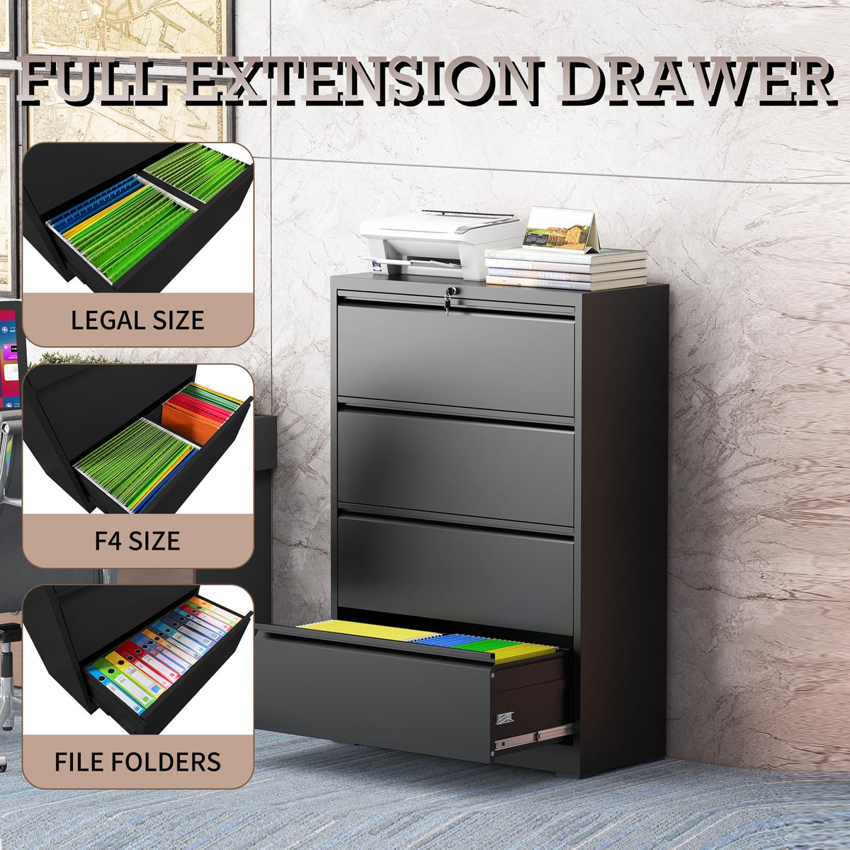 Black 4 Drawer Lateral File Cabinet with Lock B62034