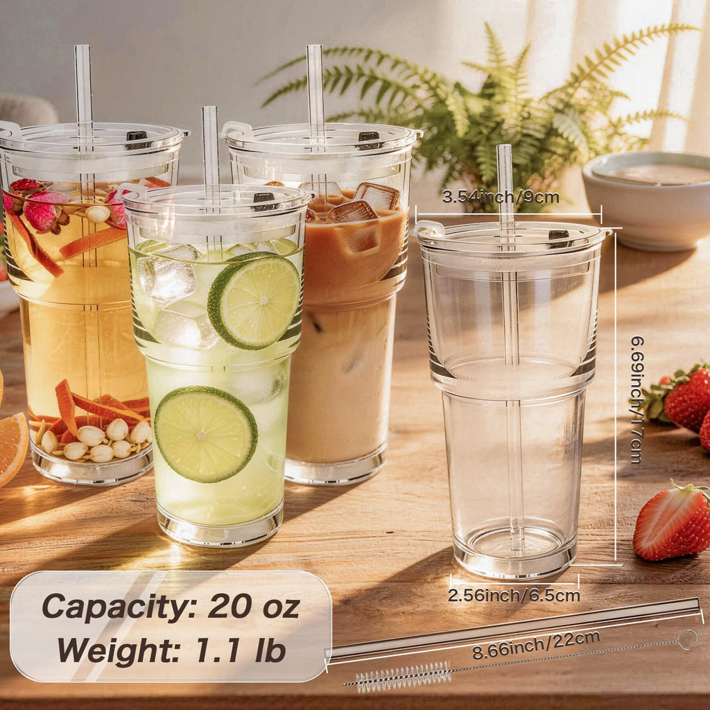 Clear Iced Coffee Cups with Lids 4 Pack 20oz Reusable Glass Cups M981625
