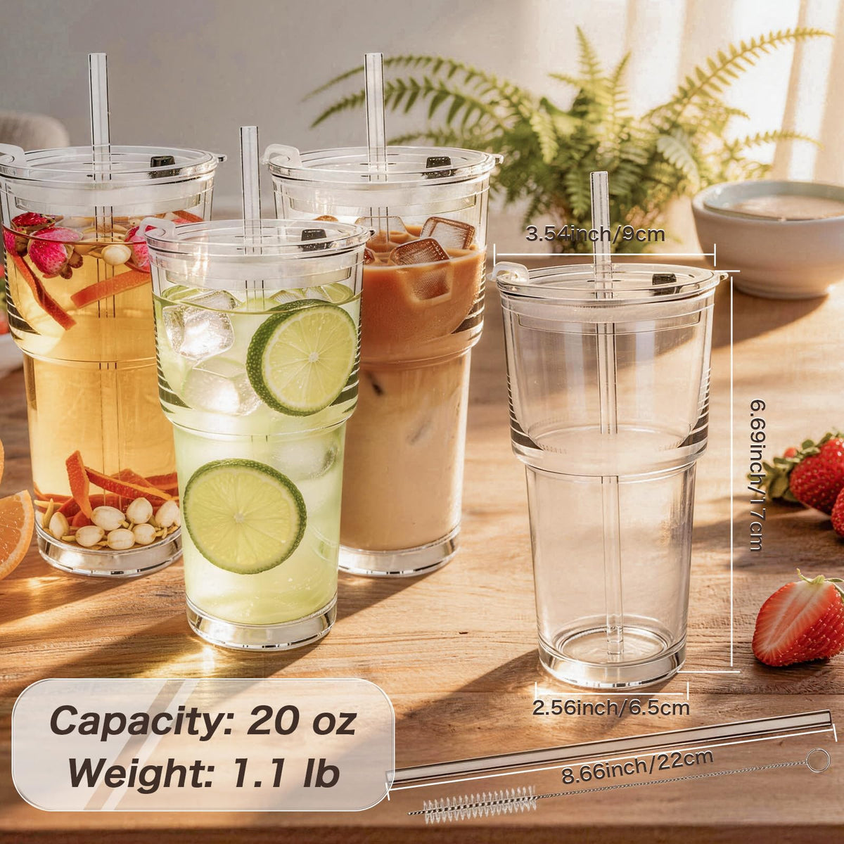Clear Iced Coffee Cups with Lids 4 Pack 20oz Reusable Glass Cups M981625