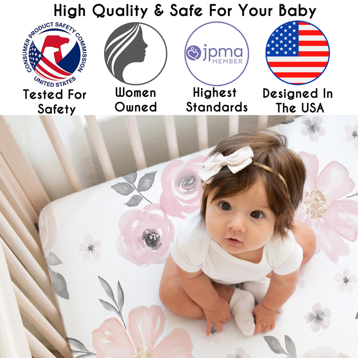3-Piece Baby Crib Sheets Set Pink Floral Fitted Standard Size M82258