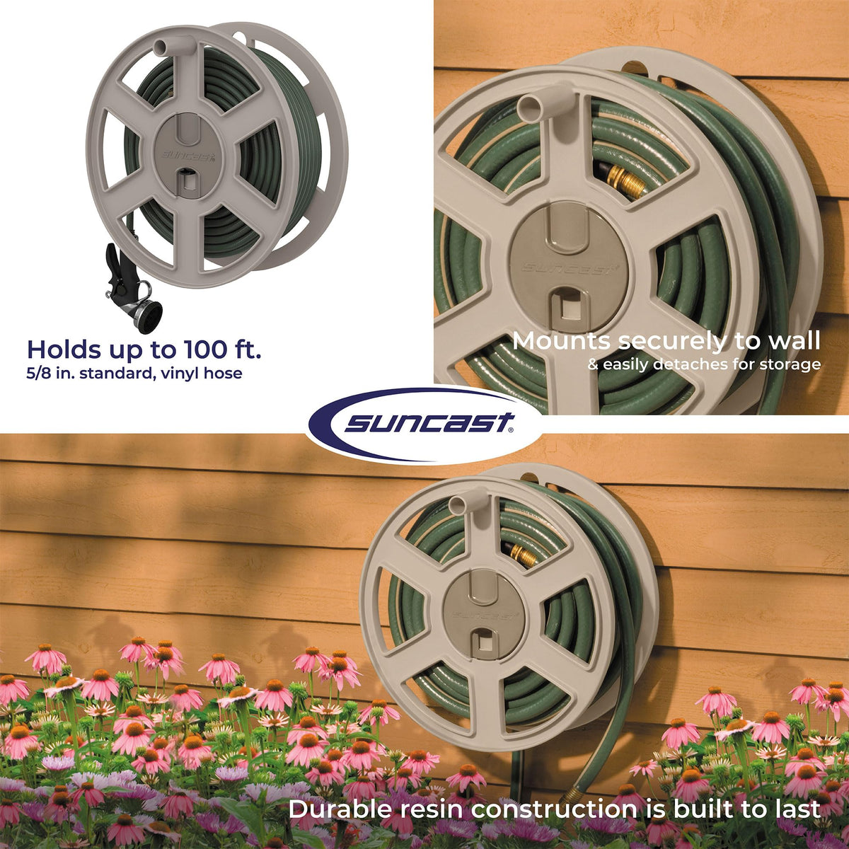 Wall Mount Garden Hose Reel 100 Feet Capacity Light Taupe Resin T490