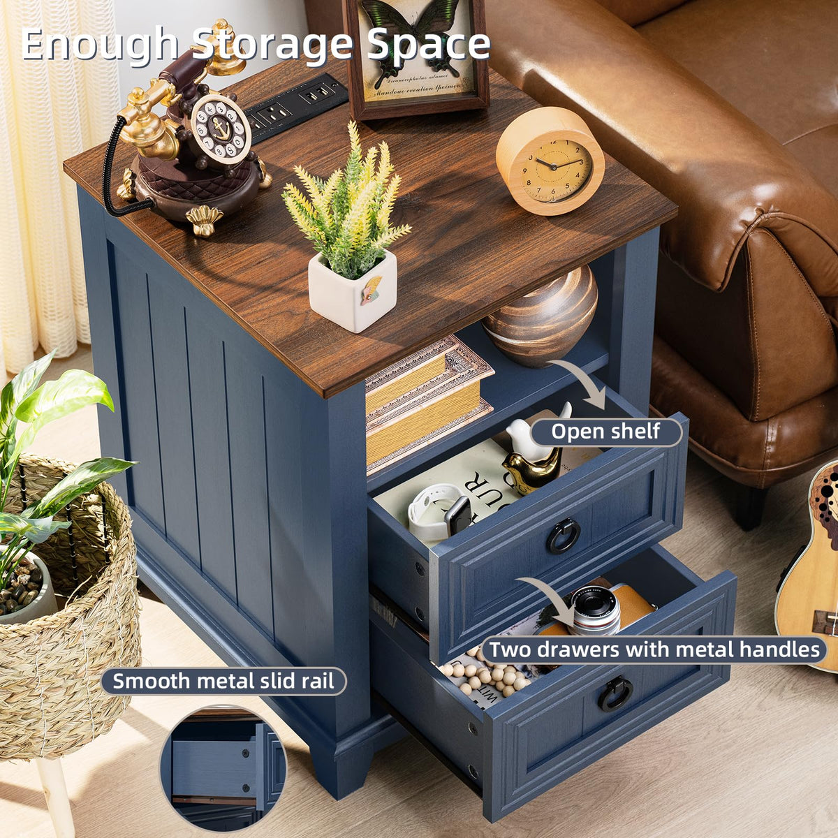 18" Blue Wooden Nightstand Set of 2 with Charging Station W58842