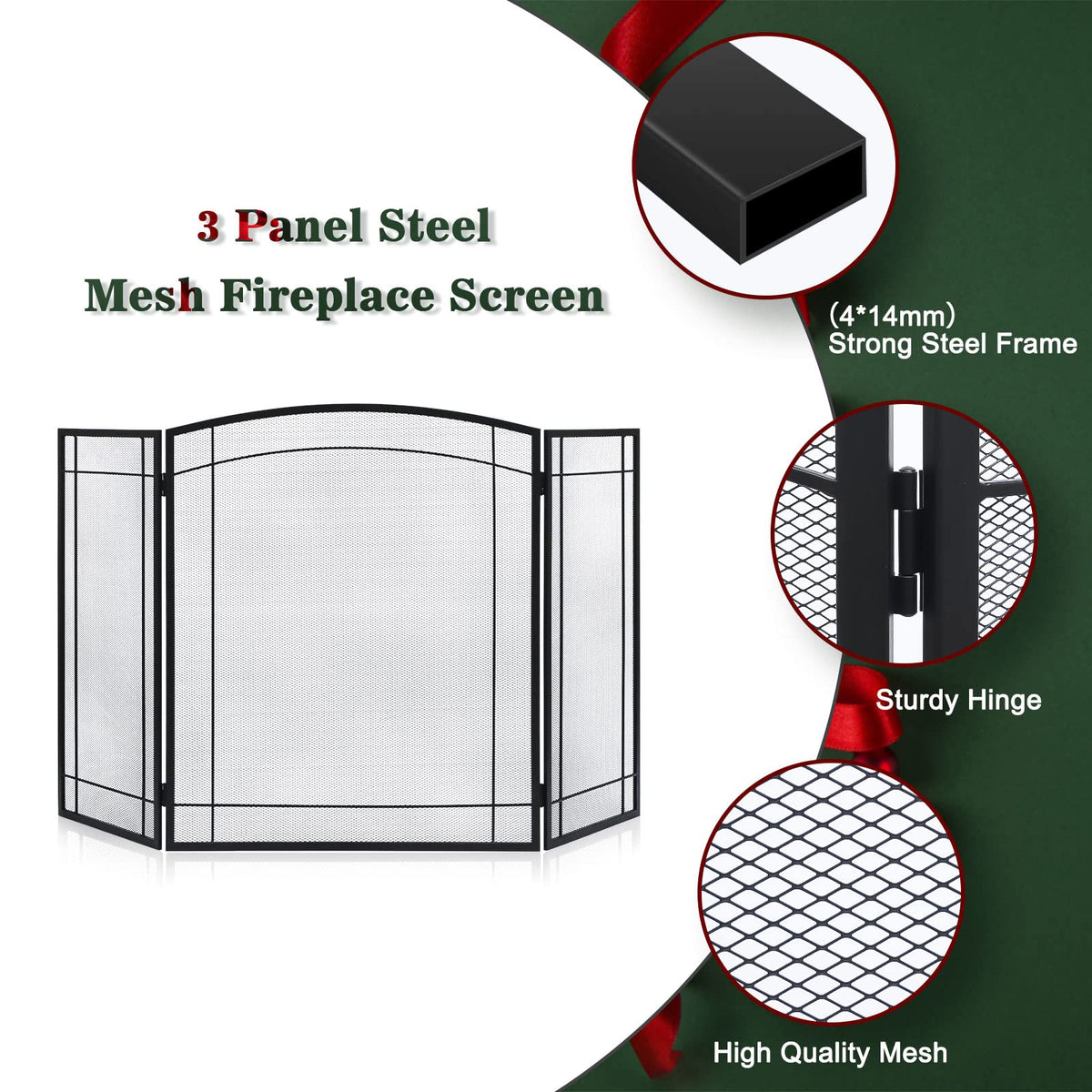 3 Panel 48" W x 29" H Foldable Wrought Metal Decorative Mesh Fireplace Screen F15822