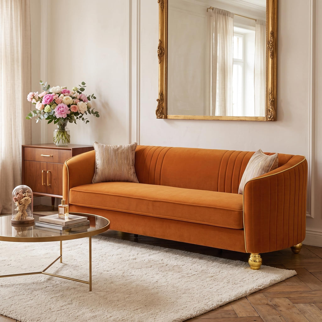 Velvet Modern Sofa Couch 3-Seater Deep Seat Sofa, Orange P87951