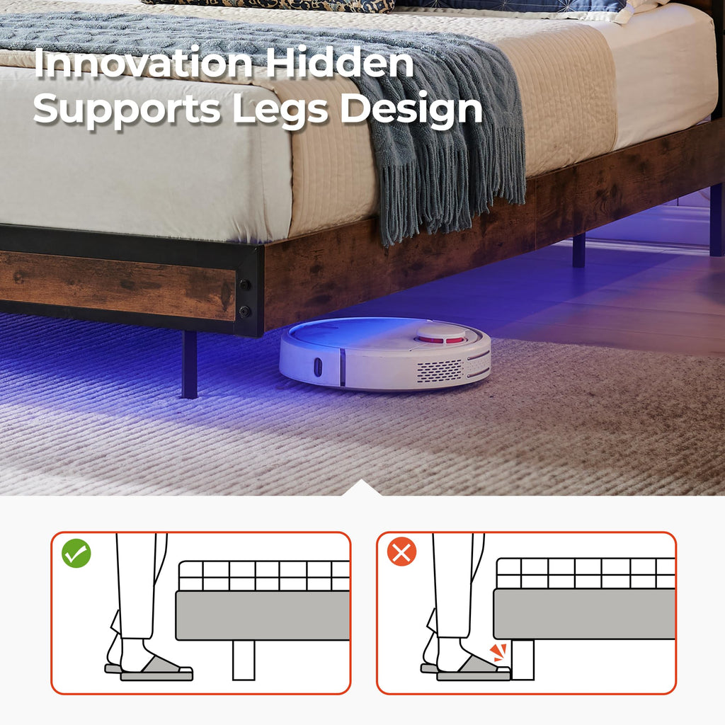 Queen Size Metal Platform Bed Frame with Storage Headboard and LED Lights V21755