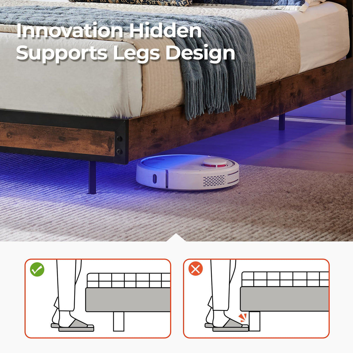 Queen Size Metal Platform Bed Frame with Storage Headboard and LED Lights V21755