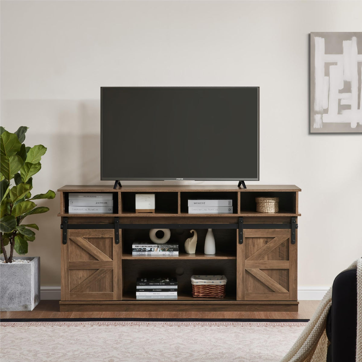 Natural Brown Wood TV Stand with Sliding Barn Door I15238