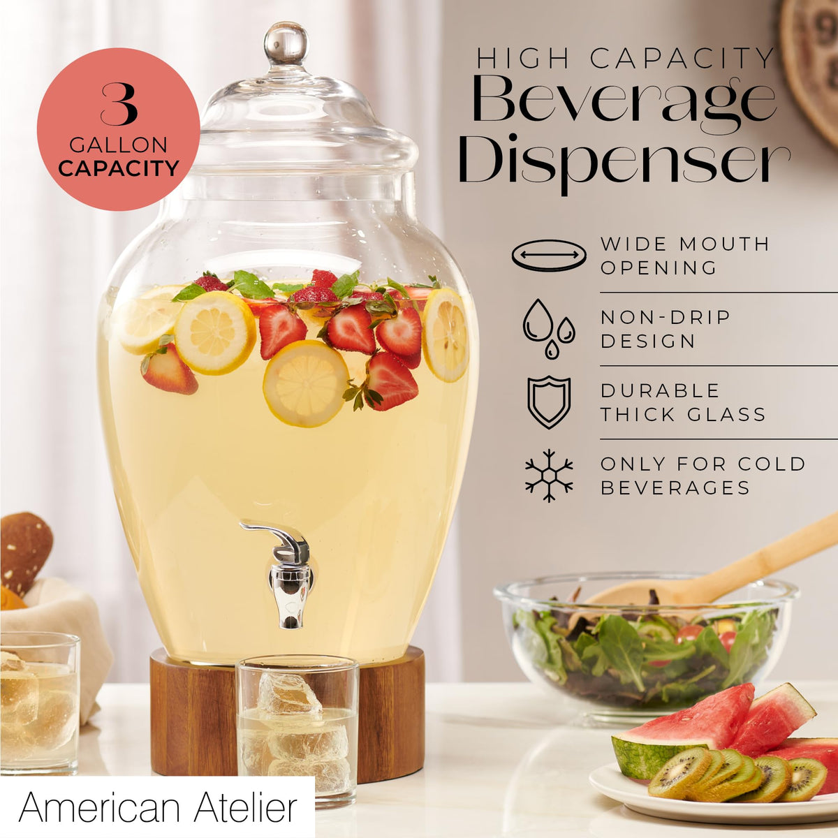 Glass Beverage Dispenser with Wood Base, 3 Gallon M474
