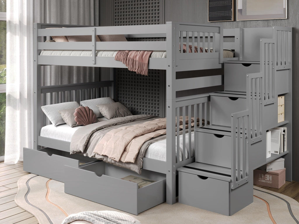 Full Over Full Gray Bunk Beds with Drawers P158281