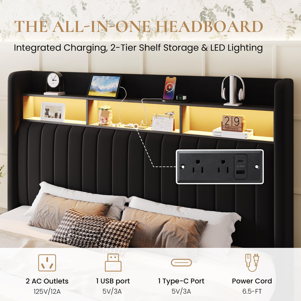 Full Size Velvet Upholstered Platform Bed Frame with Storage Shelf P298