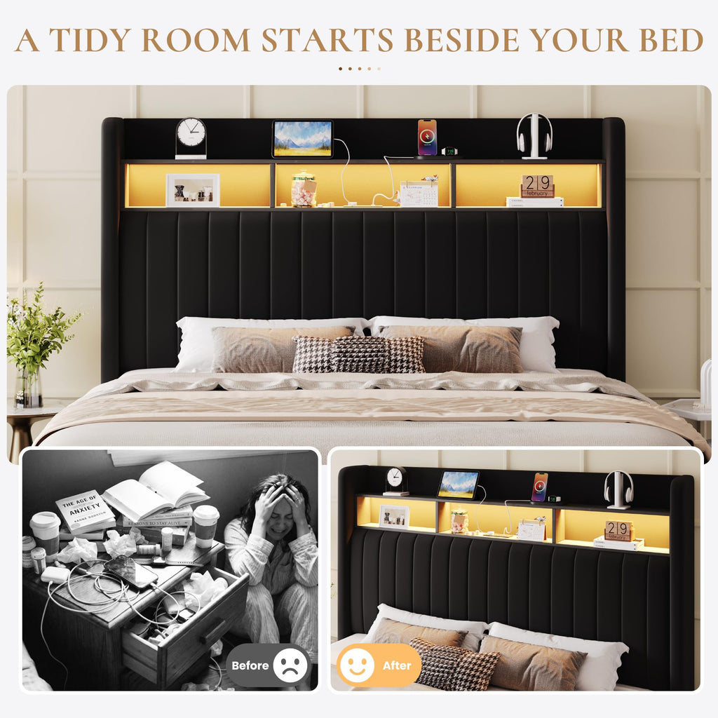 Full Size Velvet Upholstered Platform Bed Frame with Storage Shelf P298