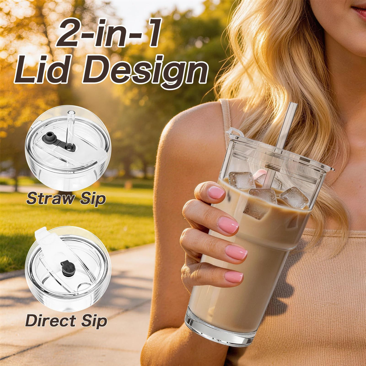 Clear Iced Coffee Cups with Lids 4 Pack 20oz Reusable Glass Cups M981625