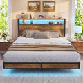 Queen Size Metal Platform Bed Frame with Storage Headboard and LED Lights V21755