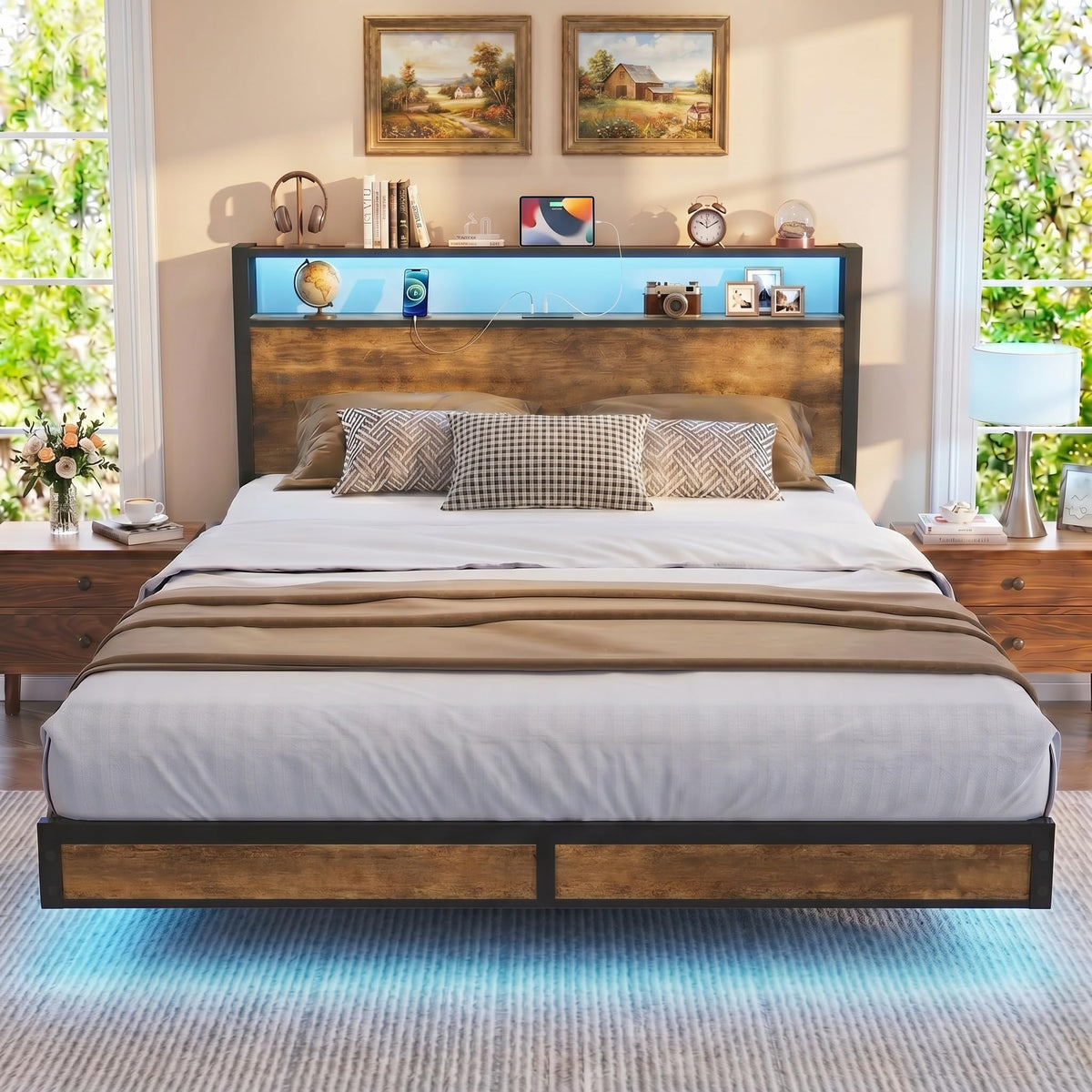 Queen Size Metal Platform Bed Frame with Storage Headboard and LED Lights V21755