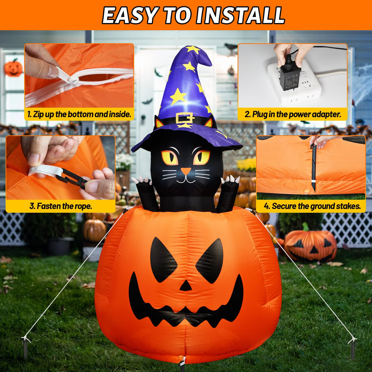 Halloween Inflatable Animated Witch Cat in Pumpkin Q332454