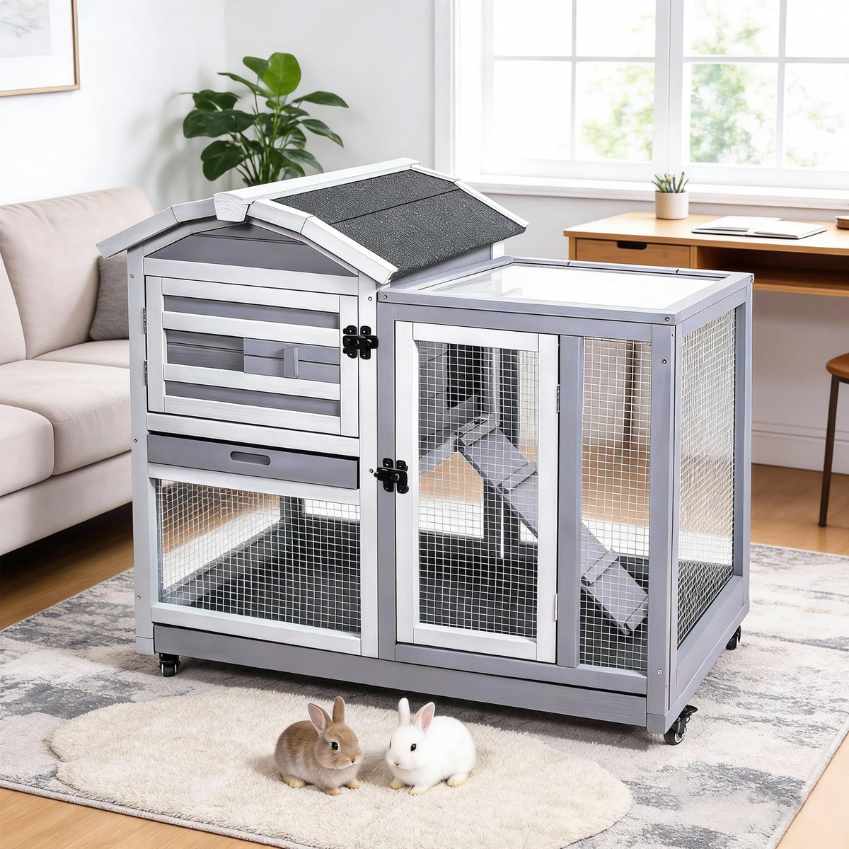 Wooden Rabbit Hutch with Waterproof Roof E203047