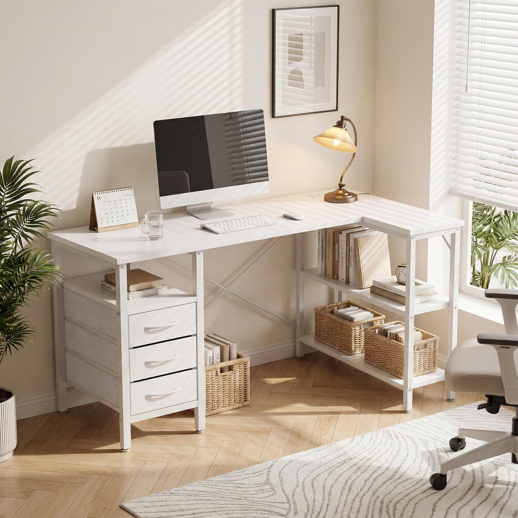 White 47 Inch L Shaped Gaming Desk with 3 Drawers and Shelves T889814