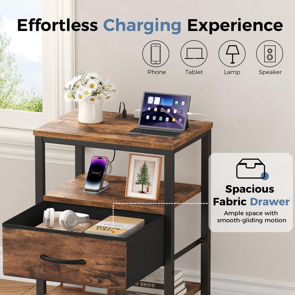Nightstand with Charging Station and Fabric Drawer M7644