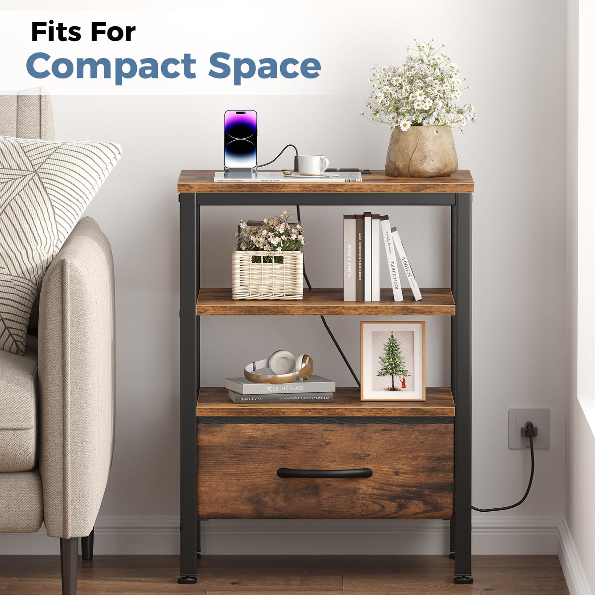 Nightstand with Charging Station and Fabric Drawer M7644