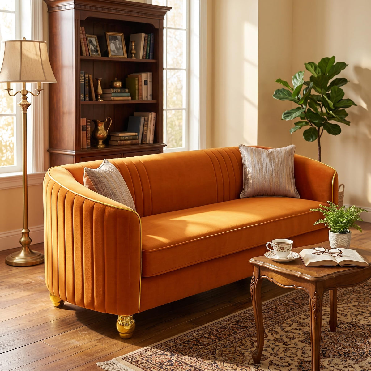 Velvet Modern Sofa Couch 3-Seater Deep Seat Sofa, Orange P87951
