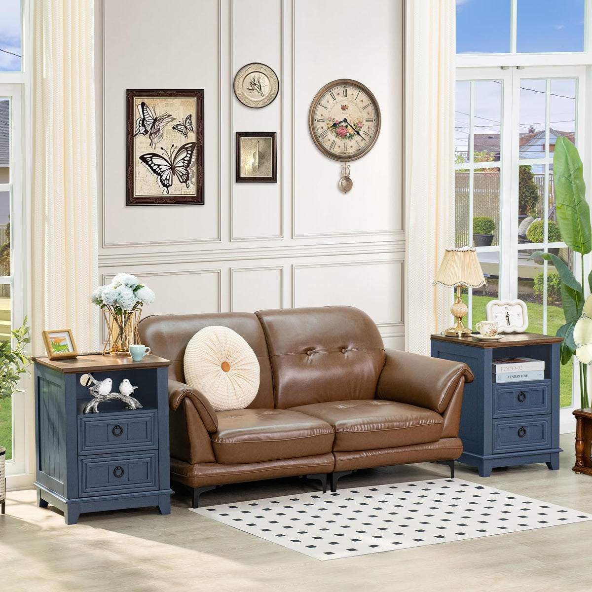 18" Blue Wooden Nightstand Set of 2 with Charging Station W58842