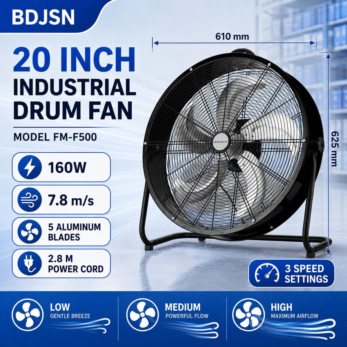 3-speed High Velocity Drum Fan with 5 Aluminium Blades E98426