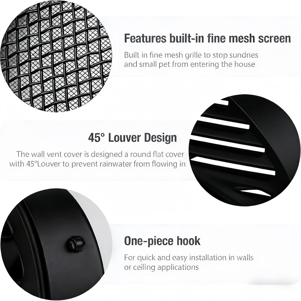 Black 2 Inches Round Aluminum Louver with Insect Screen F391068