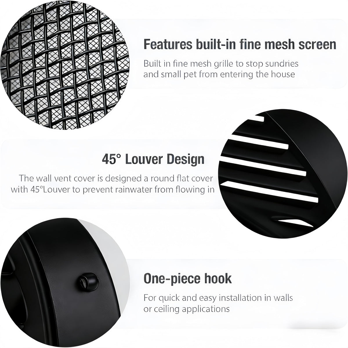 Black 2 Inches Round Aluminum Louver with Insect Screen F391068