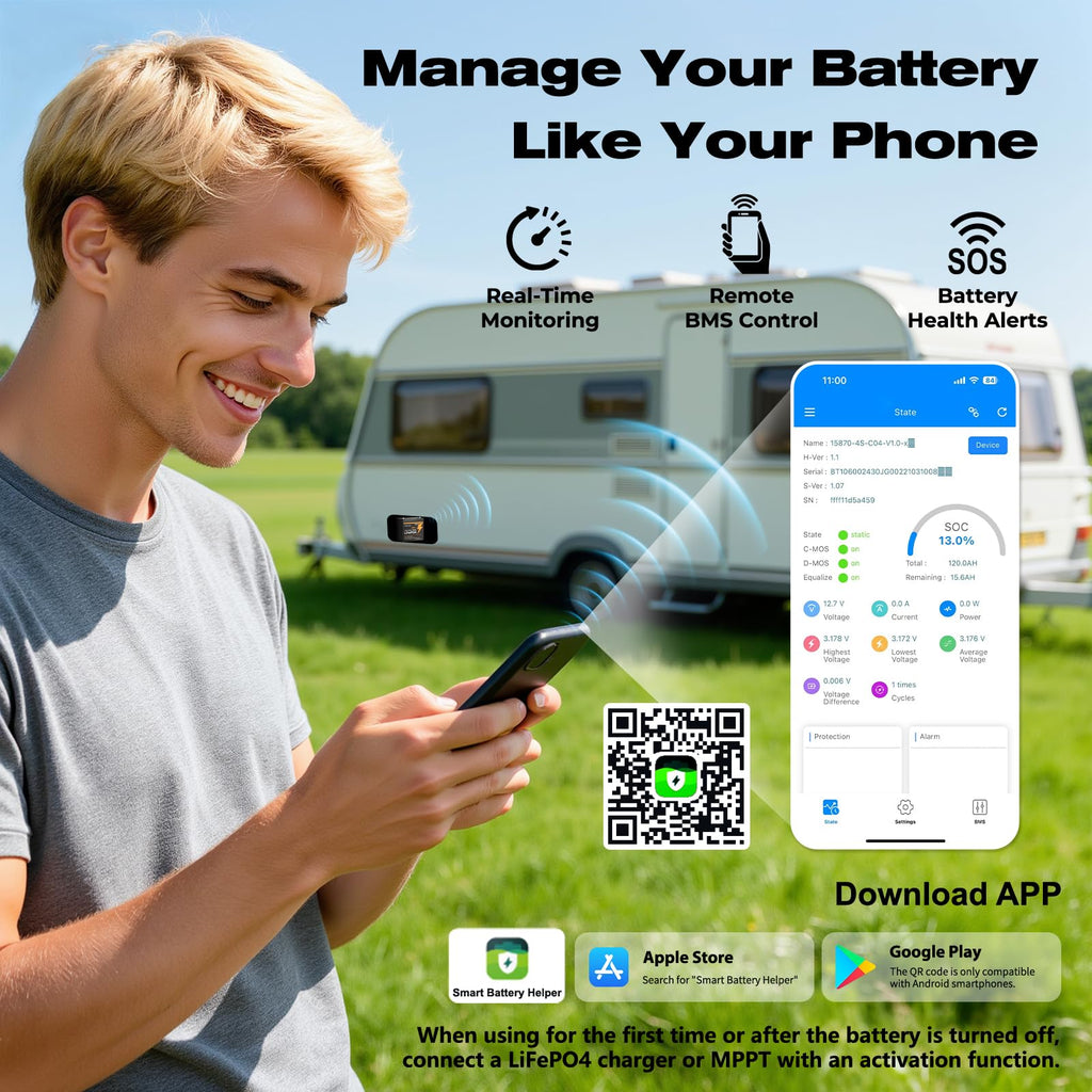 12V 100Ah Mini LiFePO4 Lithium Battery with Bluetooth, Smart BMS E5861