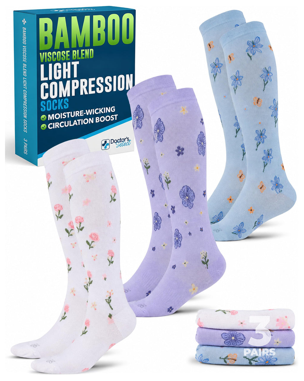 Bamboo Viscose 8-15 mmHg Knee High Compression Socks 3 Pairs X5387