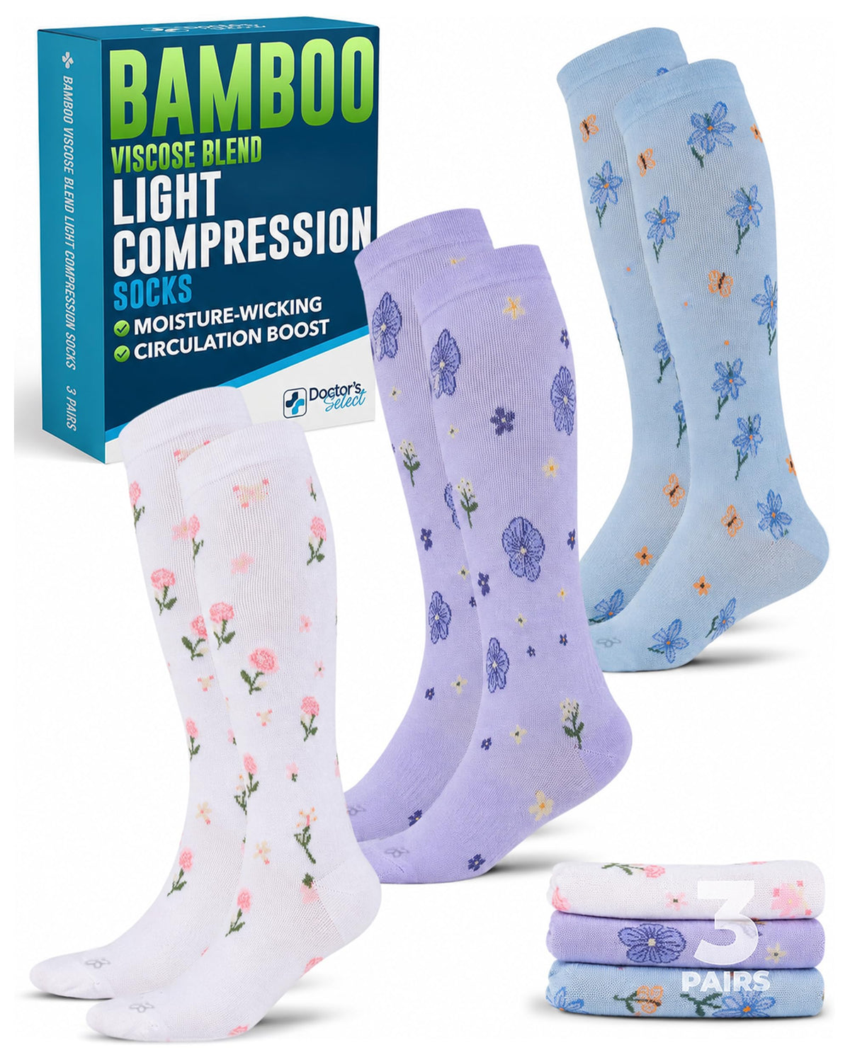 Bamboo Viscose 8-15 mmHg Knee High Compression Socks 3 Pairs X5387