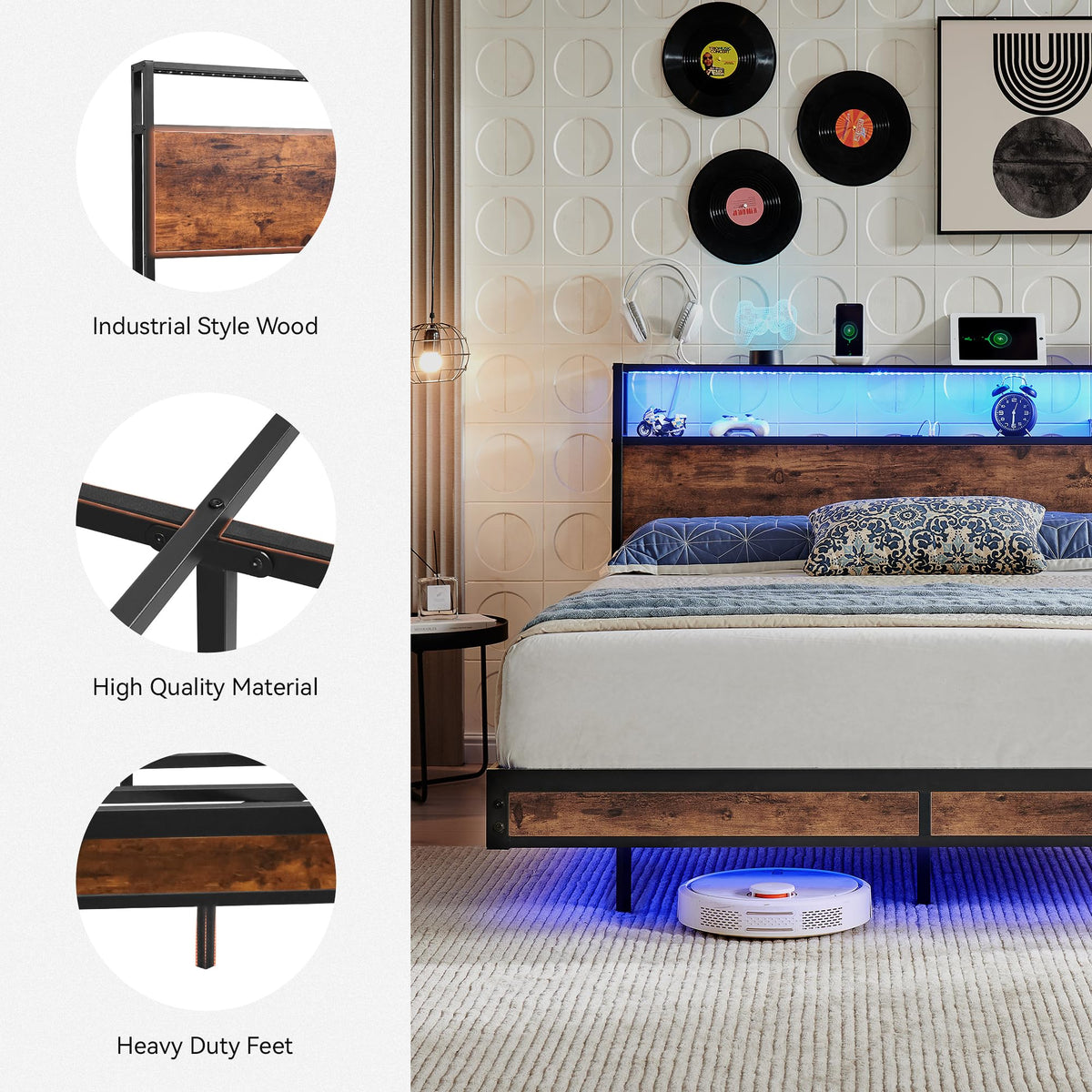 Queen Size Metal Platform Bed Frame with Storage Headboard and LED Lights V21755