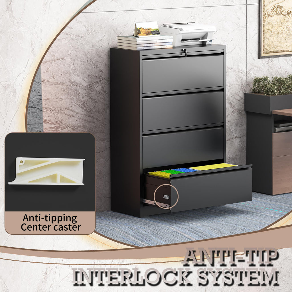 Black 4 Drawer Lateral File Cabinet with Lock B62034