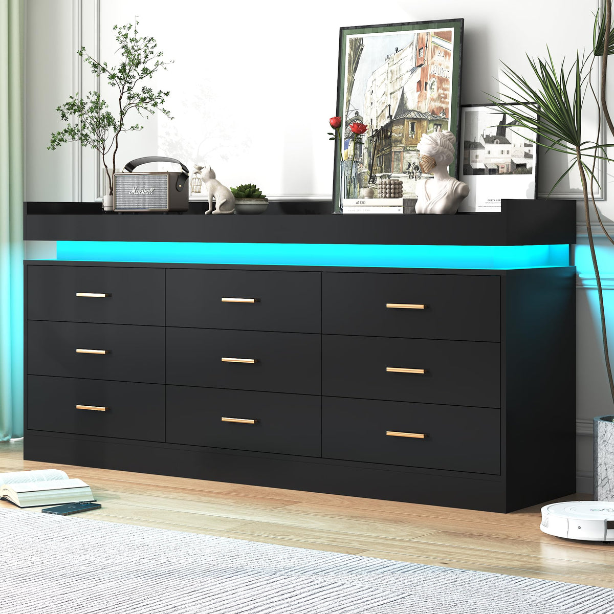 Black 9 Drawer Dresser with Charging Station and LED Lights M570