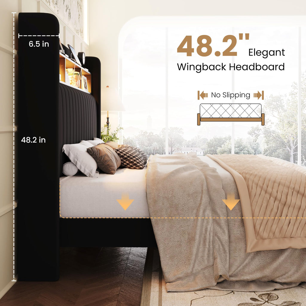 Full Size Velvet Upholstered Platform Bed Frame with Storage Shelf P298