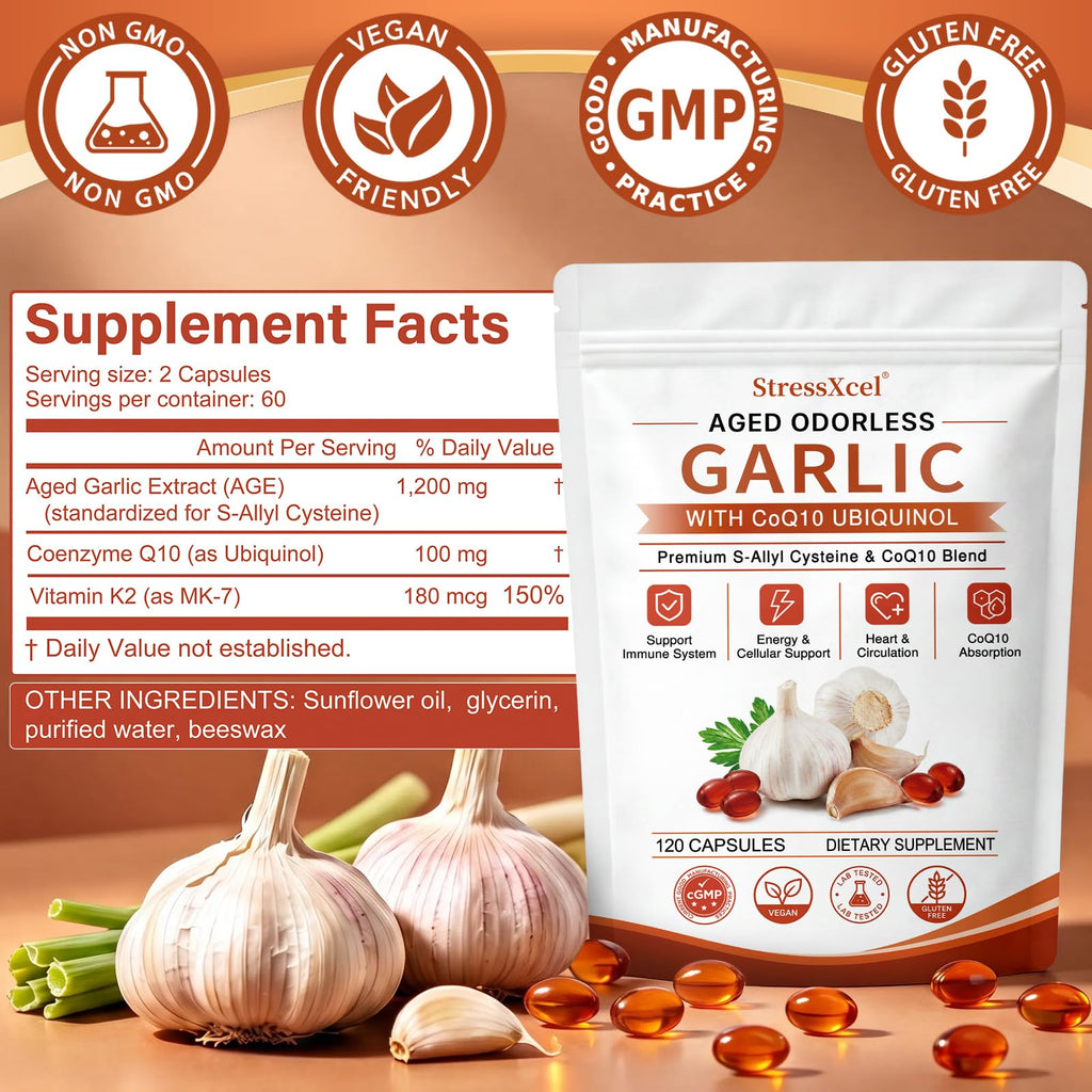 Odorless Garlic Extract Softgels with CoQ10 Ubiquinol and Vitamin K2 120 Softgels Y131472