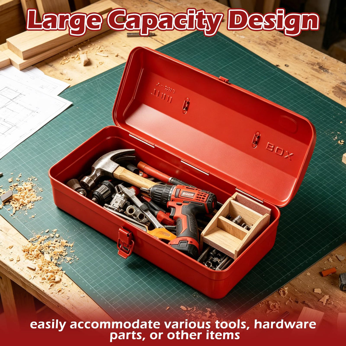 14 Inch Red Metal Tool Box with Latch and Handle M3782