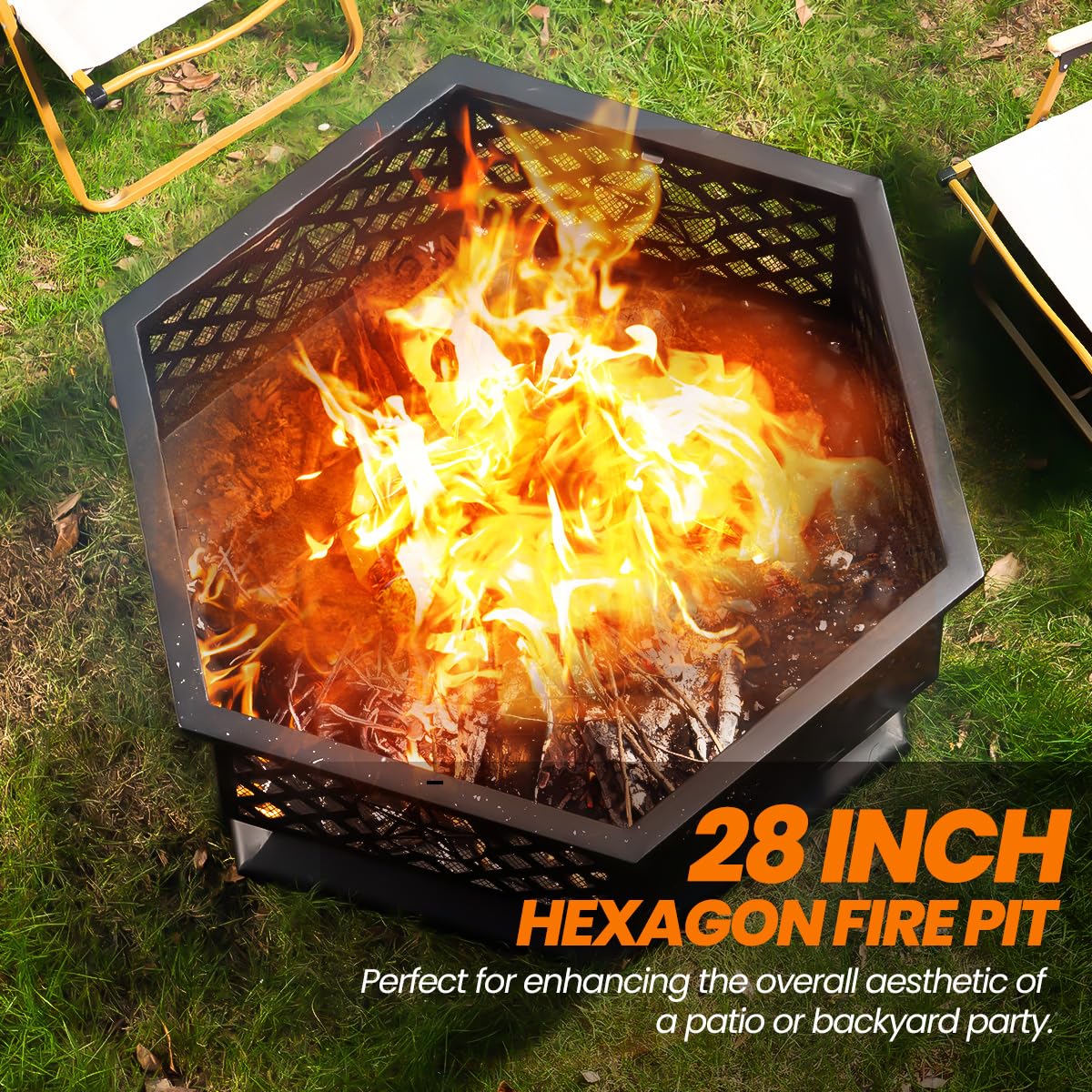28 Inch Hexagonal Fire Pit with Spark Screen & Fire Poker Black P64474